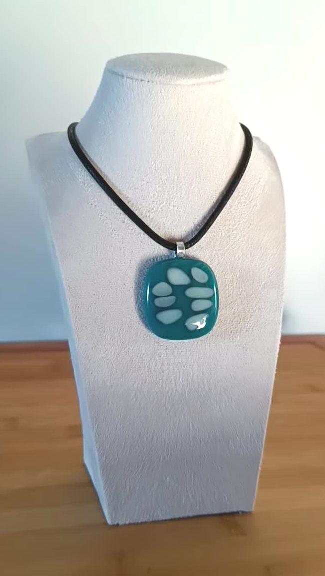 Handmade dark turquoise blue and vanilla fused glass pendant cord necklace, statement piece, birthday gift for him or her