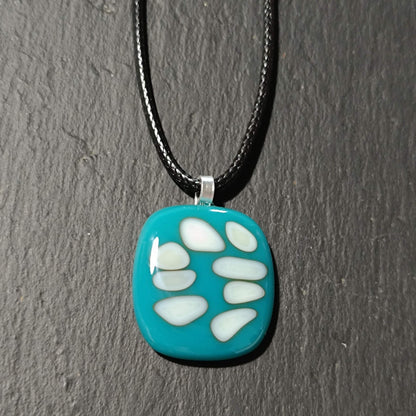Handmade dark turquoise blue and vanilla fused glass pendant cord necklace, statement piece, birthday gift for him or her