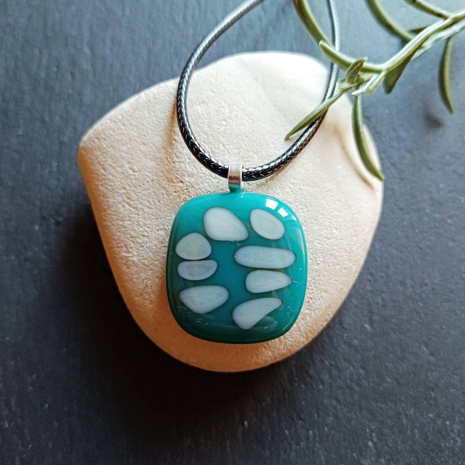 Handmade dark turquoise blue and vanilla fused glass pendant cord necklace, statement piece, birthday gift for him or her