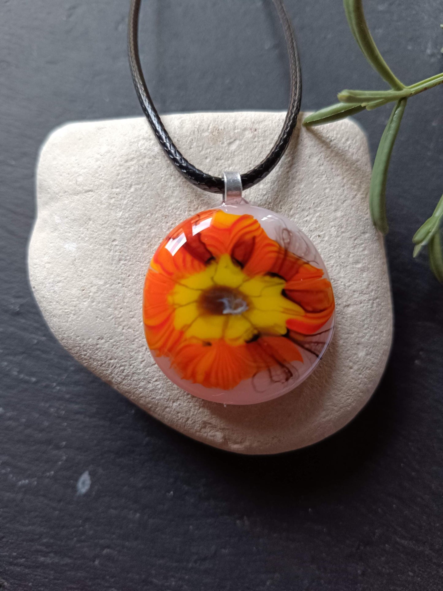 Handmade multicolour vibrant orange fused glass pendant with cord necklace