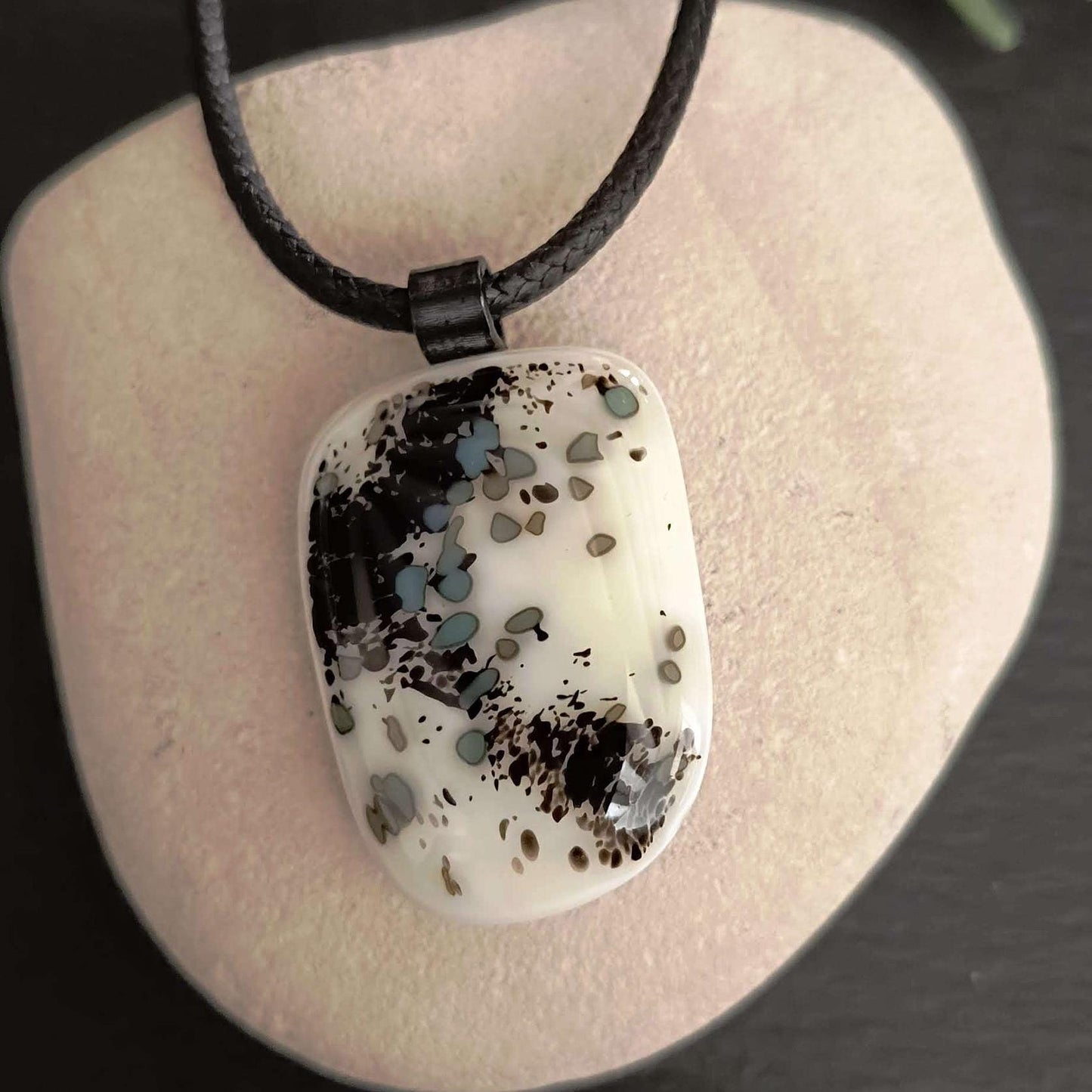 Handmade grungy style fused glass pendant necklace, birthday gift, gift for teen, biker, monotone pendant, gift for dad