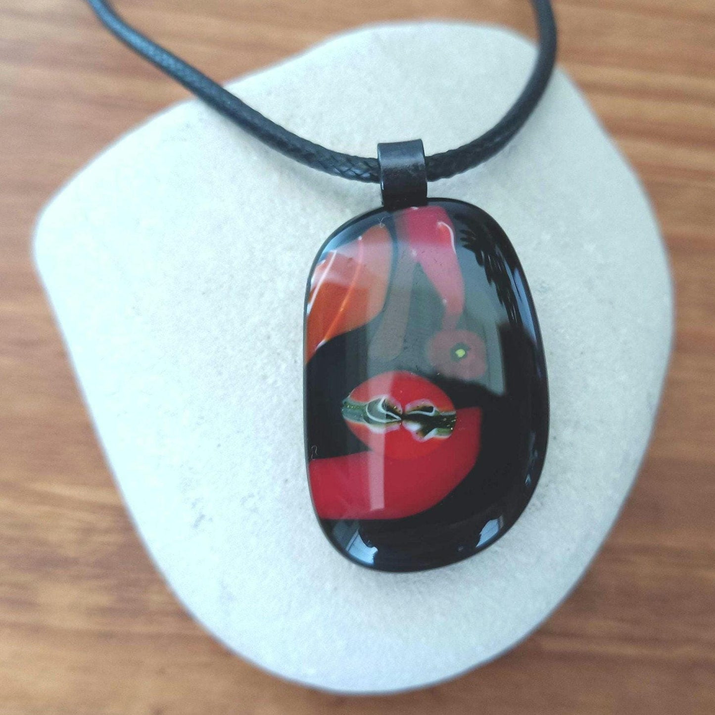 Handmade black and red fused pendant with cord necklace, birthday gift for mom, sister, friend, unique jewelry, boho chic, unusual gift