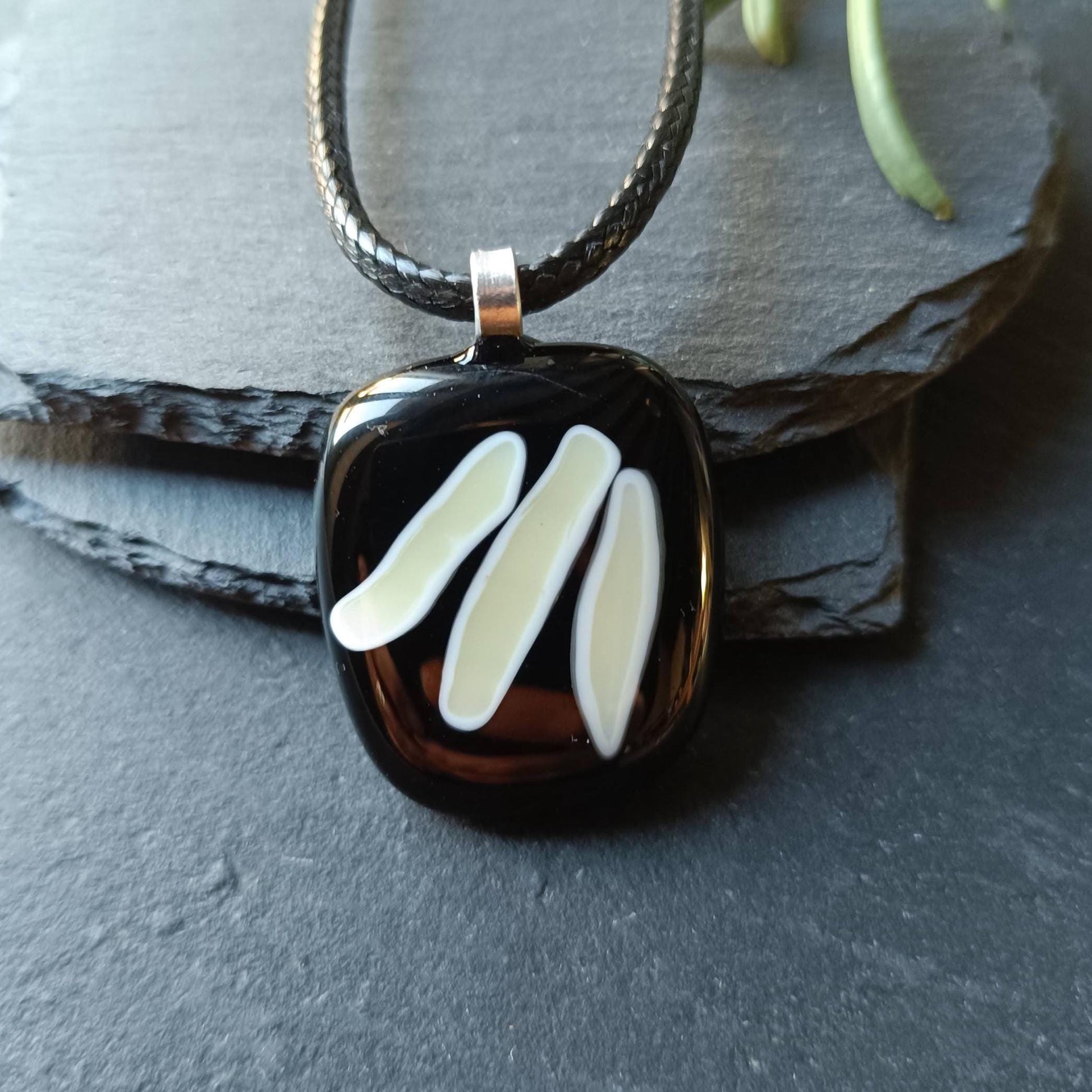 Handmade black and vanilla fused glass pendant necklace, unique birthday gift idea, wearable art jewellery, boho chic gift