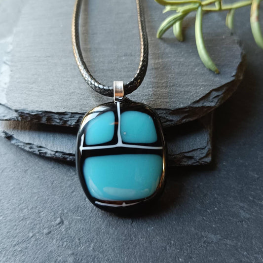 Handmade black and blue fused glass pendant with cord necklace, unisex birthday gift, unique jewelry, boho chic