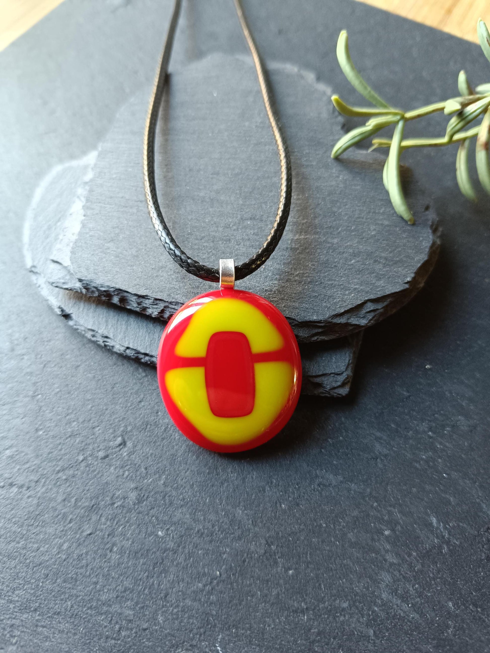 Handmade red and lime green fused glass pendant cord necklace, statement piece, gift for her