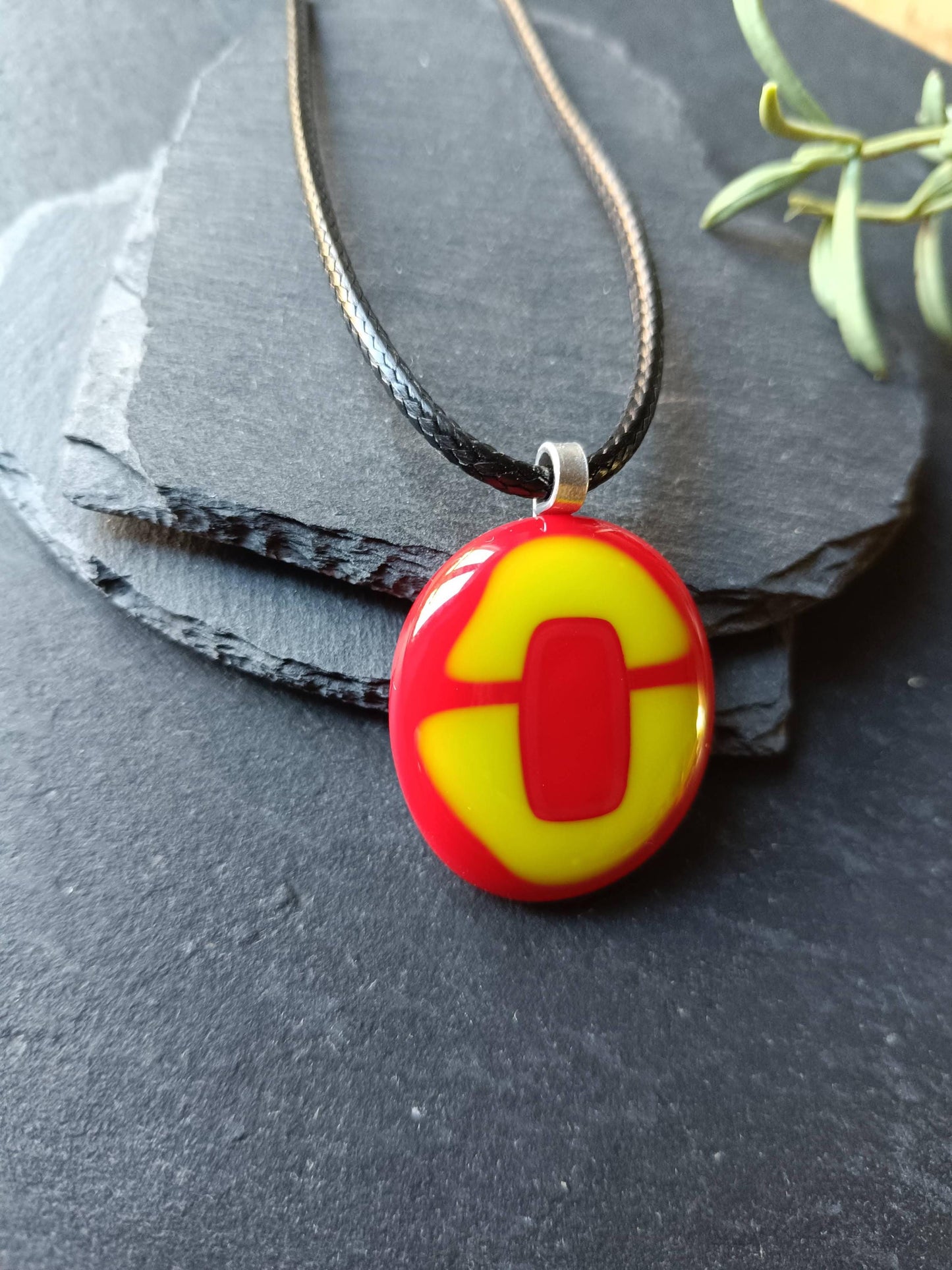 Handmade red and lime green fused glass pendant cord necklace, statement piece, gift for her