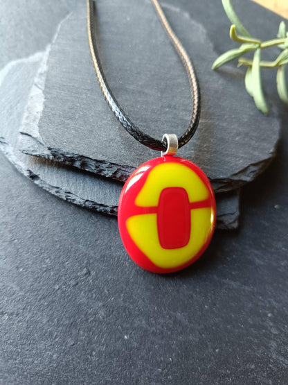 Handmade red and lime green fused glass pendant cord necklace, statement piece, gift for her