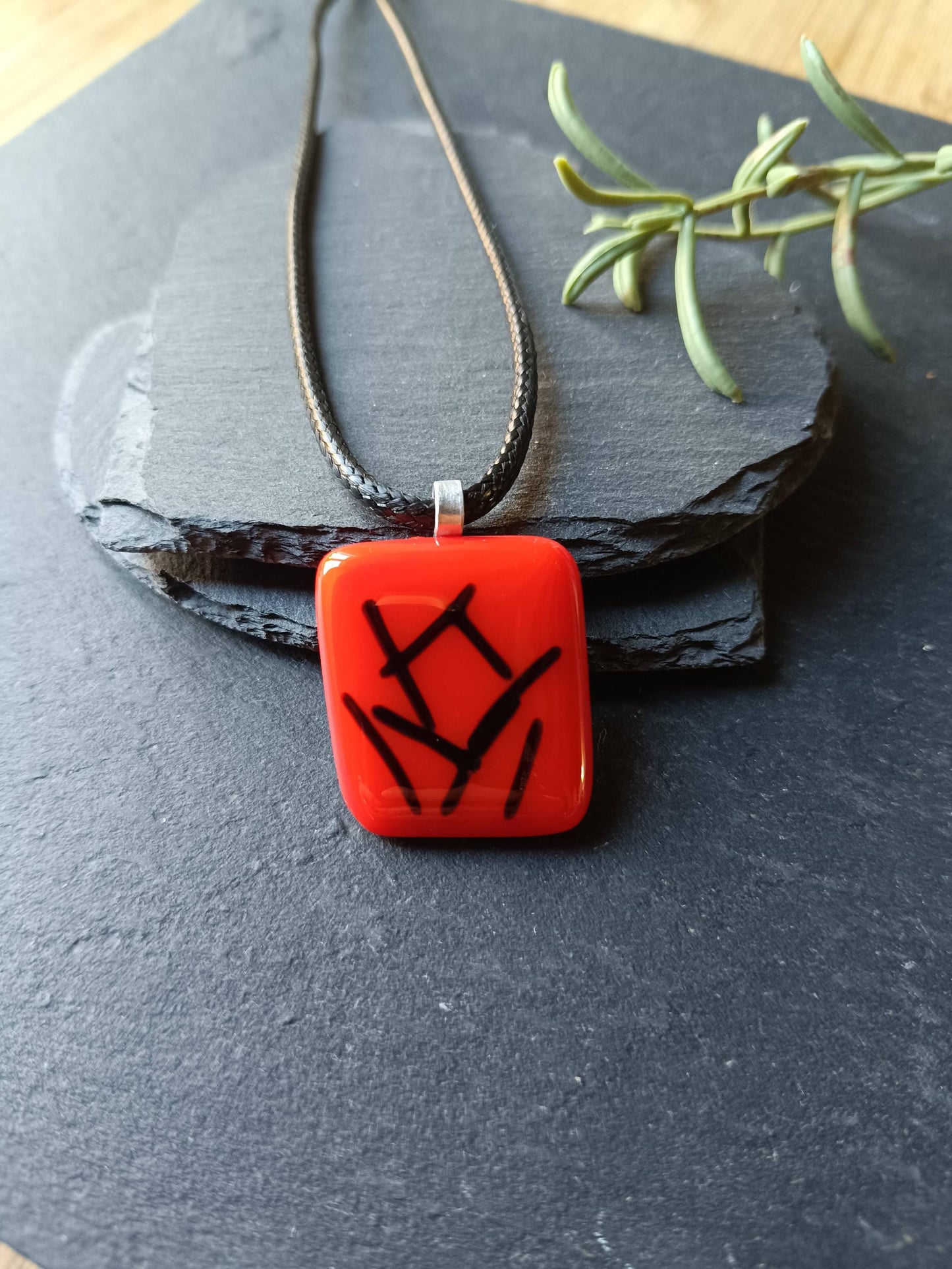 Handmade red and black fused glass pendant necklace, original creation, letterbox birthday gift for her