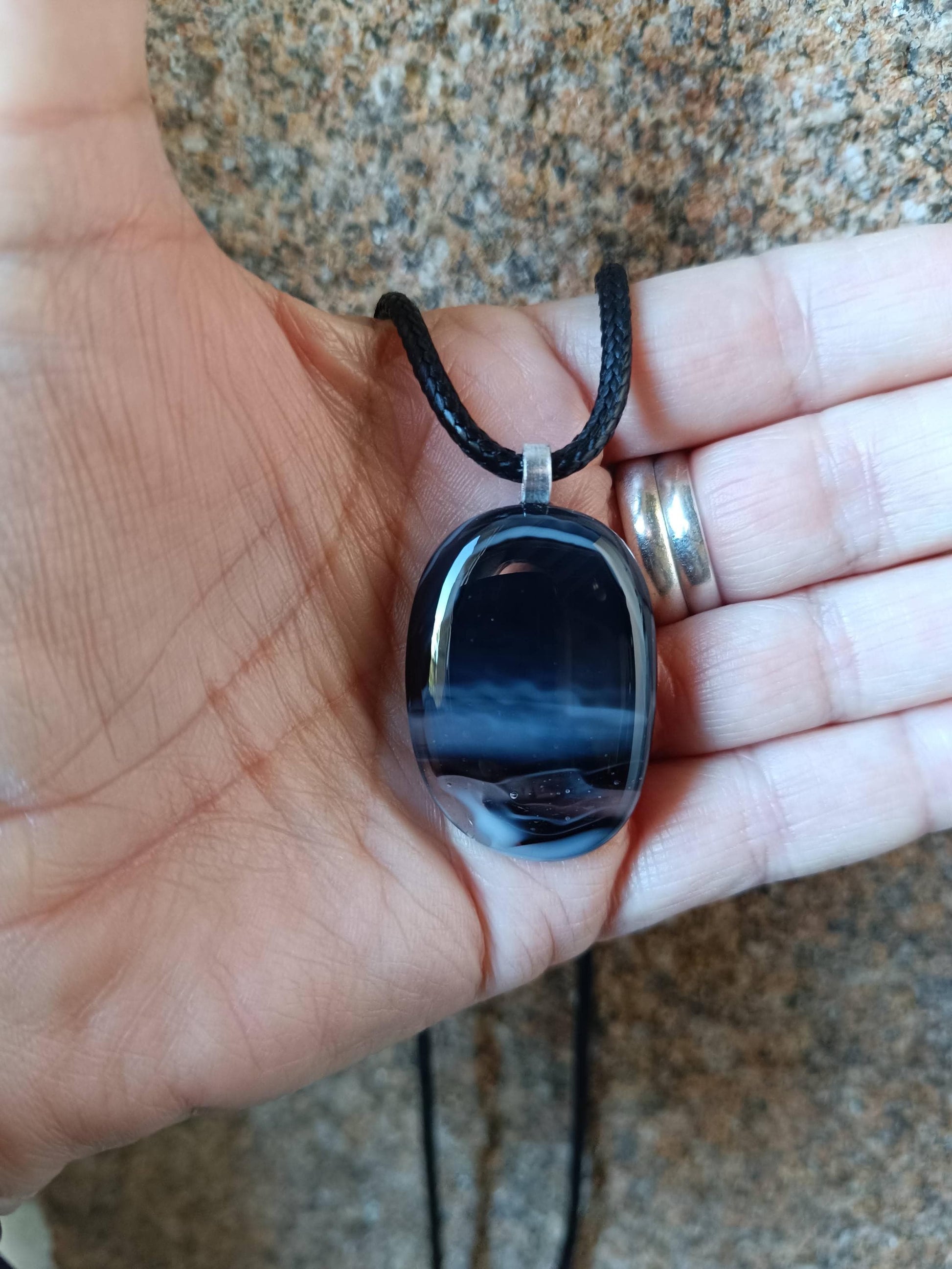 Natural tones black fused glass pendant necklace, handmade jewellery - BlixxiCreations