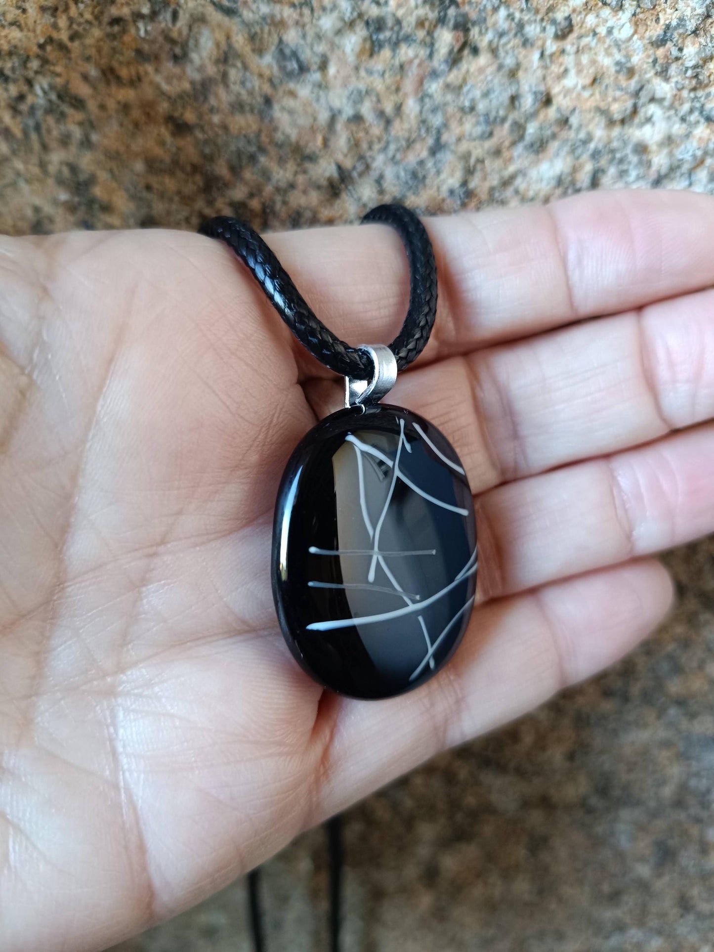 Monochrome fused glass pendant with cord necklace, handmade jewellery
