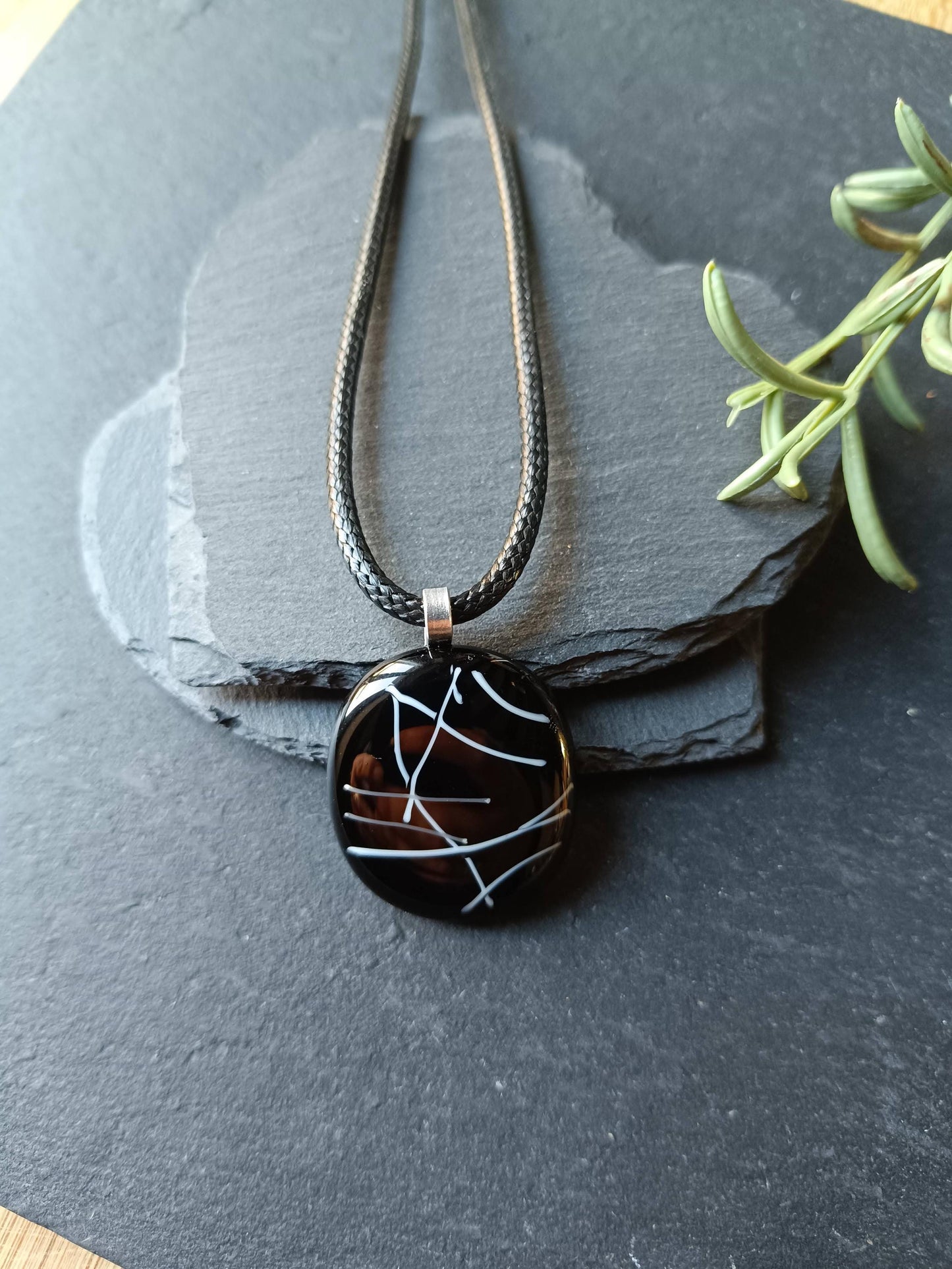 Monochrome fused glass pendant with cord necklace, handmade jewellery