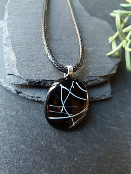 Monochrome fused glass pendant with cord necklace, handmade jewellery