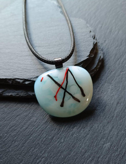 Handmade abstract large fused glass pendant with black cord necklace