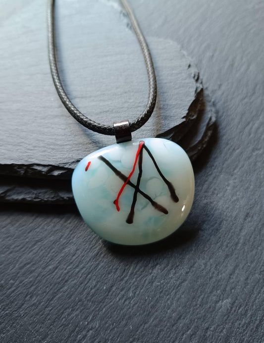 Handmade abstract large fused glass pendant with black cord necklace