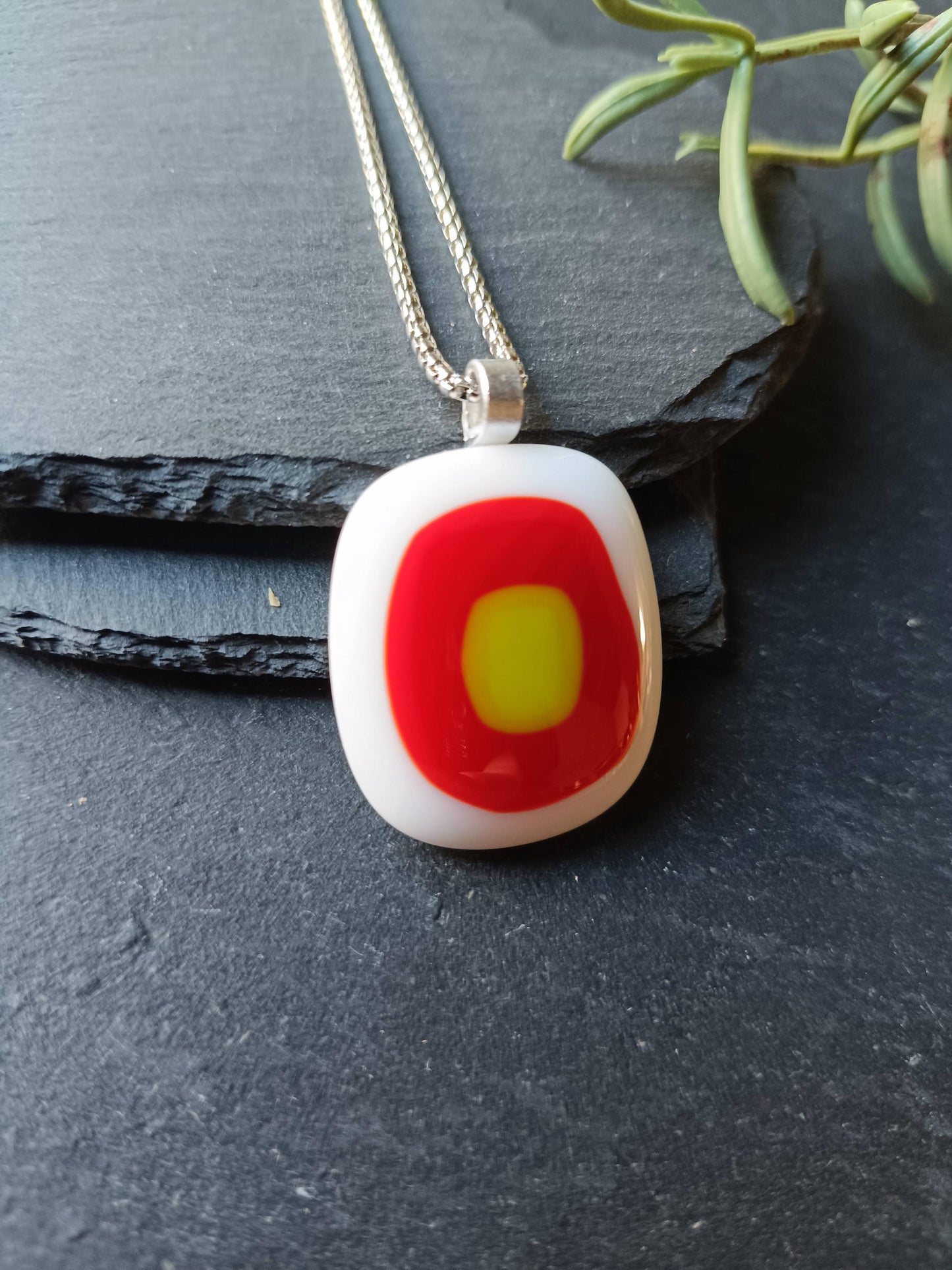 Red, white and lime fused glass pendant with necklace, gift for her, artisan jewellery, easy to post birthday gift - BlixxiCreations