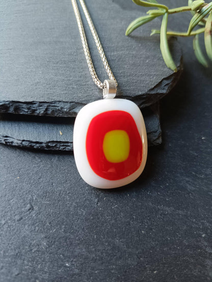 Red, white and lime fused glass pendant with necklace, gift for her, artisan jewellery, easy to post birthday gift - BlixxiCreations