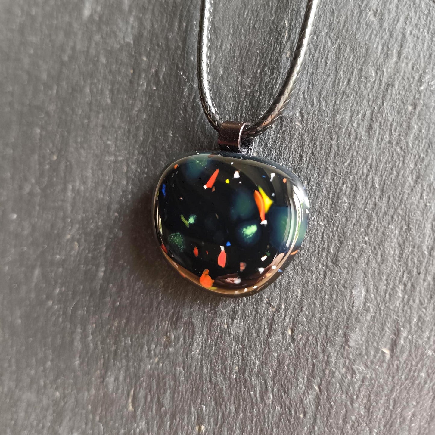 Speckled black glass necklace pendant, handmade jewelry created from an old marble - BlixxiCreations