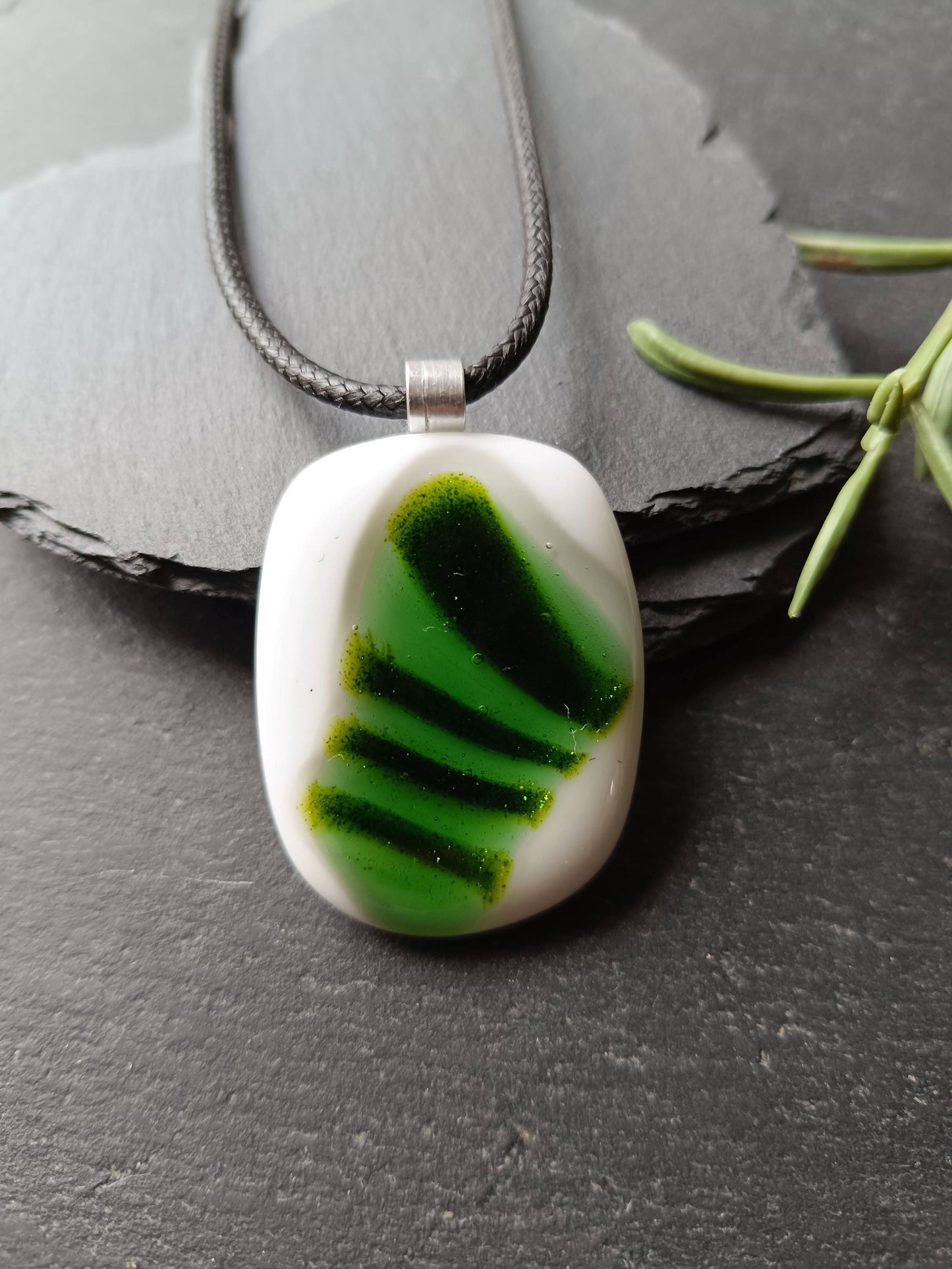 Fused Glass Green and White Large Pendant with necklace, handmade jewellery