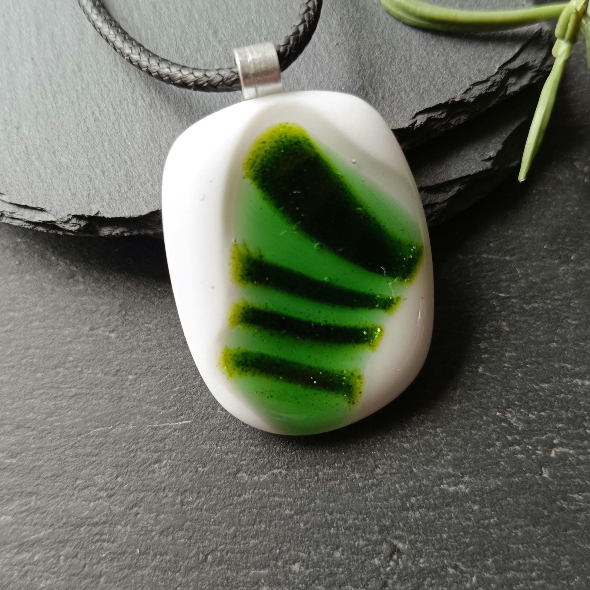 Fused Glass Green and White Large Pendant with necklace, handmade jewellery