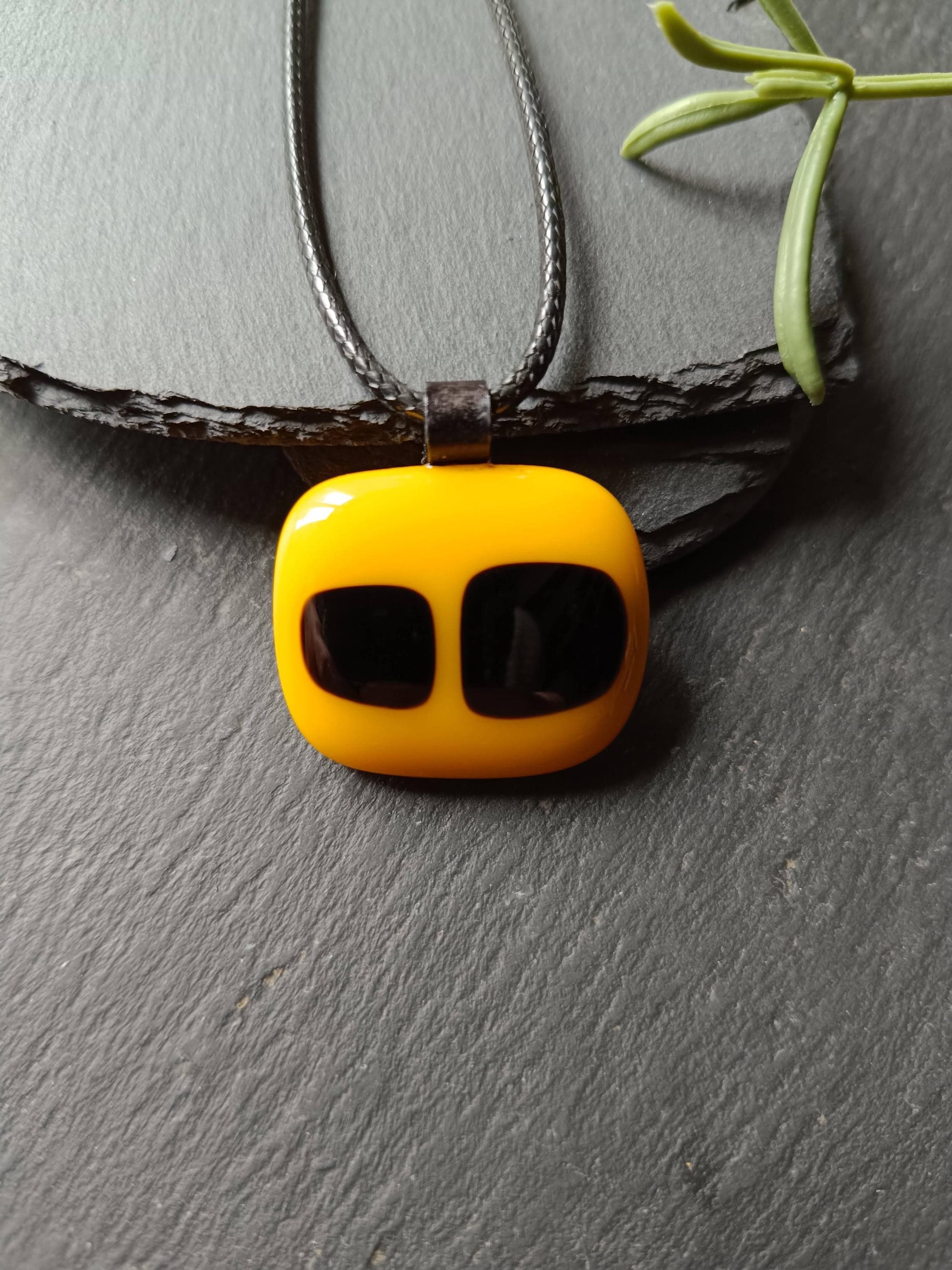 Yellow and Black Fused Glass Pendant with cord necklace, gender-neutral handmade jewellery