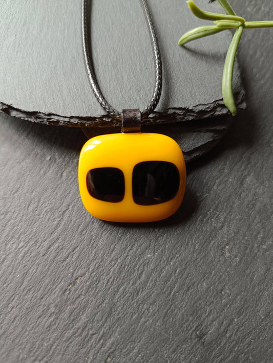 Yellow and Black Fused Glass Pendant with cord necklace, gender-neutral handmade jewellery