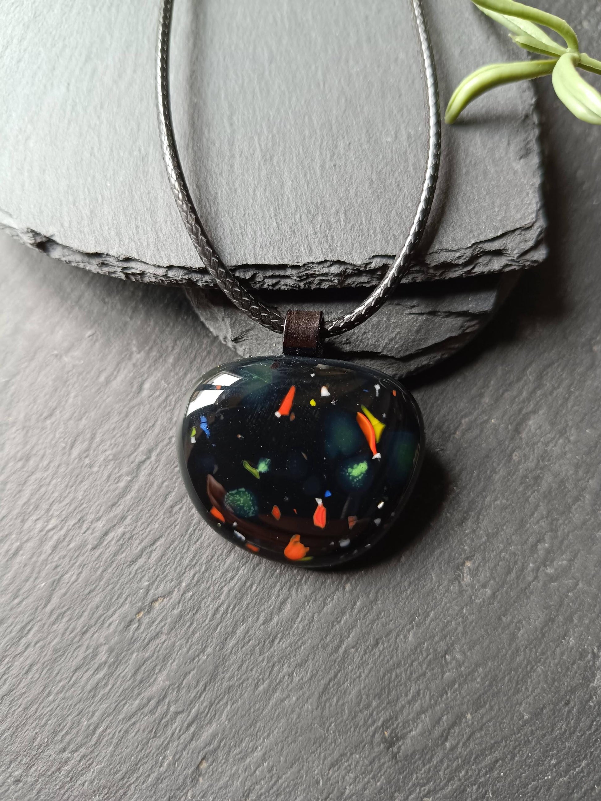 Speckled black glass necklace pendant, handmade jewelry created from an old marble - BlixxiCreations