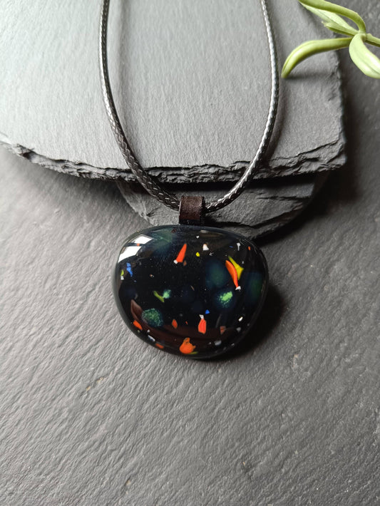 Speckled black glass necklace pendant, handmade jewelry created from an old marble - BlixxiCreations
