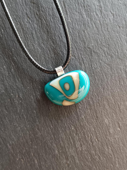 Turquoise and vanilla fused glass pendant necklace, unique handmade jewellery, easy to mail gift