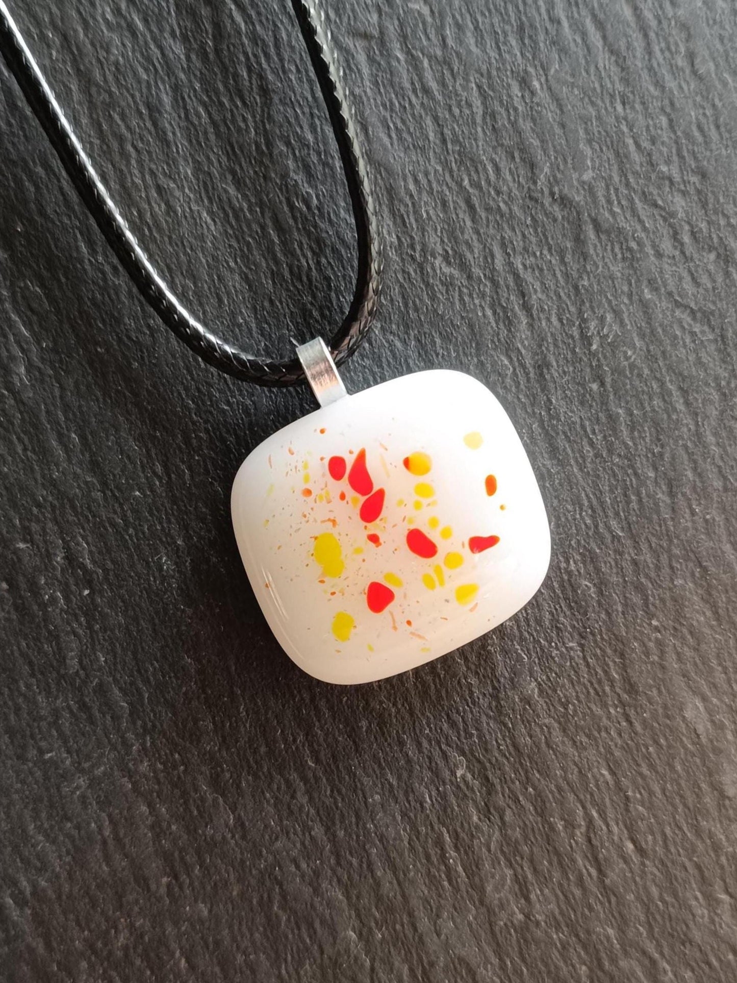 White speckled fused glass pendant necklace, unique handmade jewellery - BlixxiCreations