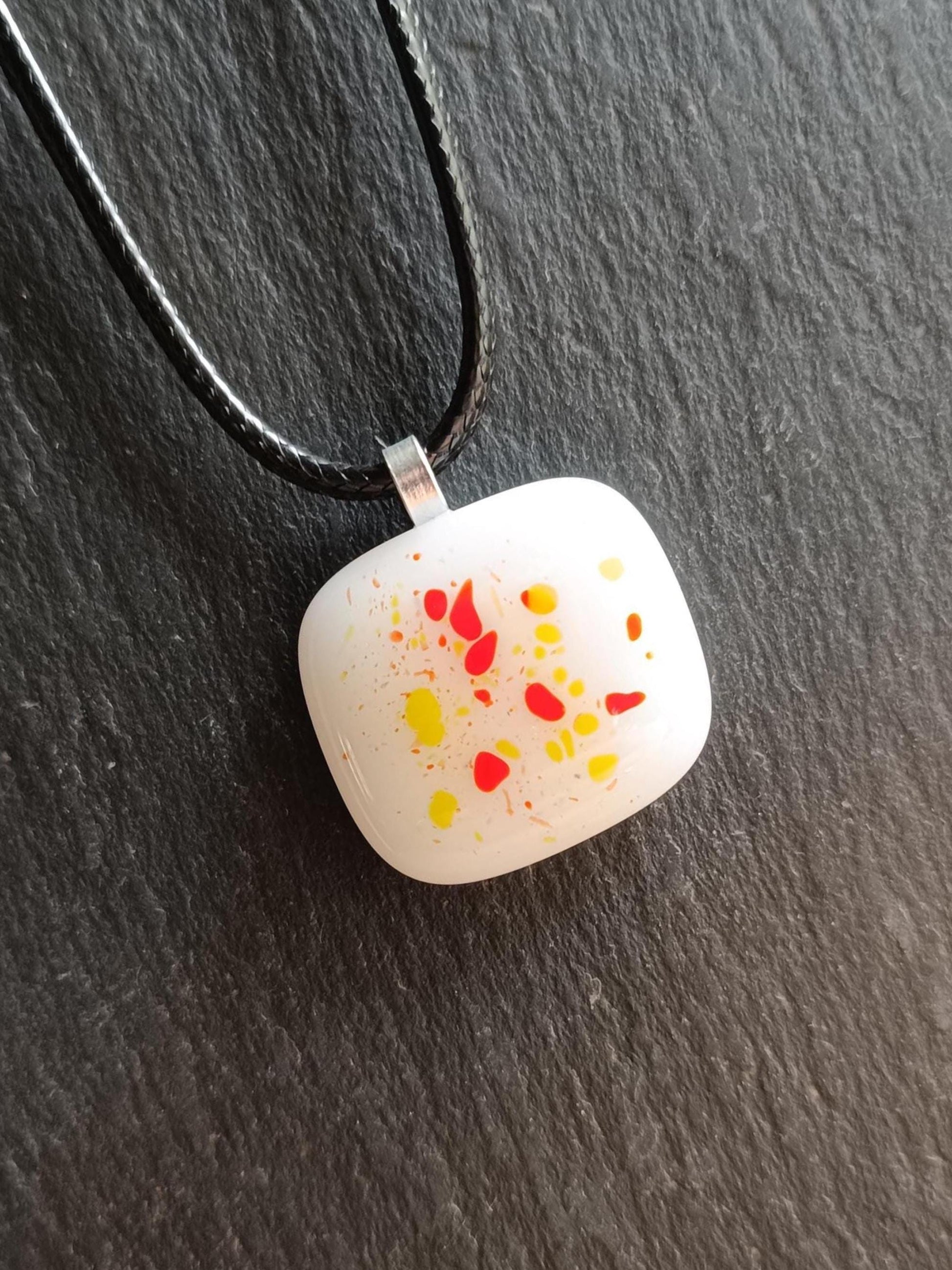 White speckled fused glass pendant necklace, unique handmade jewellery - BlixxiCreations
