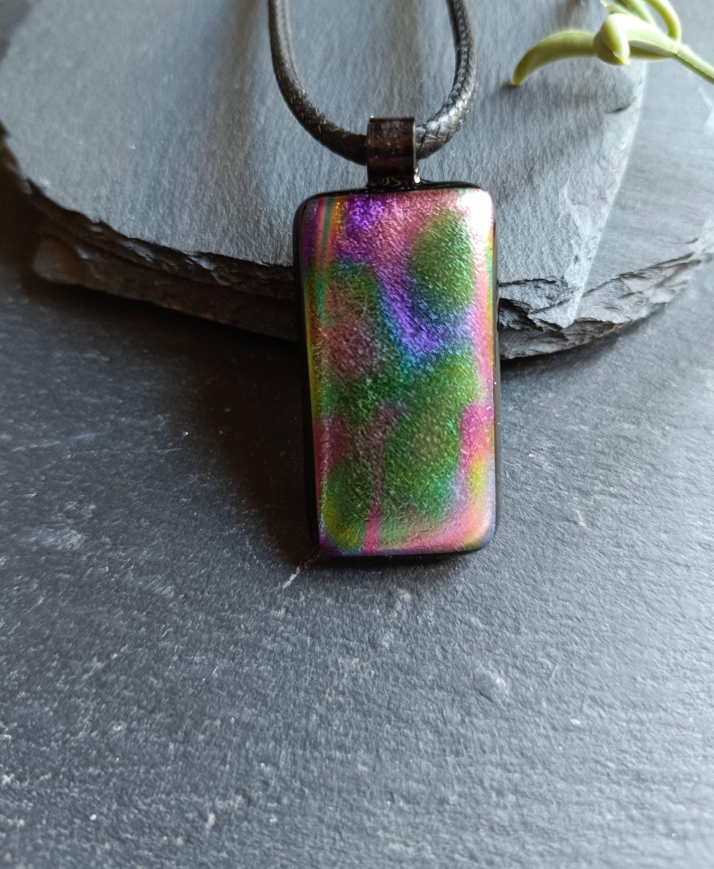 Dichroic fused glass pendant on black cord necklace; rainbow necklace with iridescent hues; artisan handmade jewellery gift.