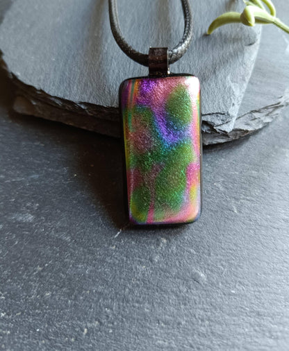 Dichroic fused glass pendant on black cord necklace; rainbow necklace with iridescent hues; artisan handmade jewellery gift.