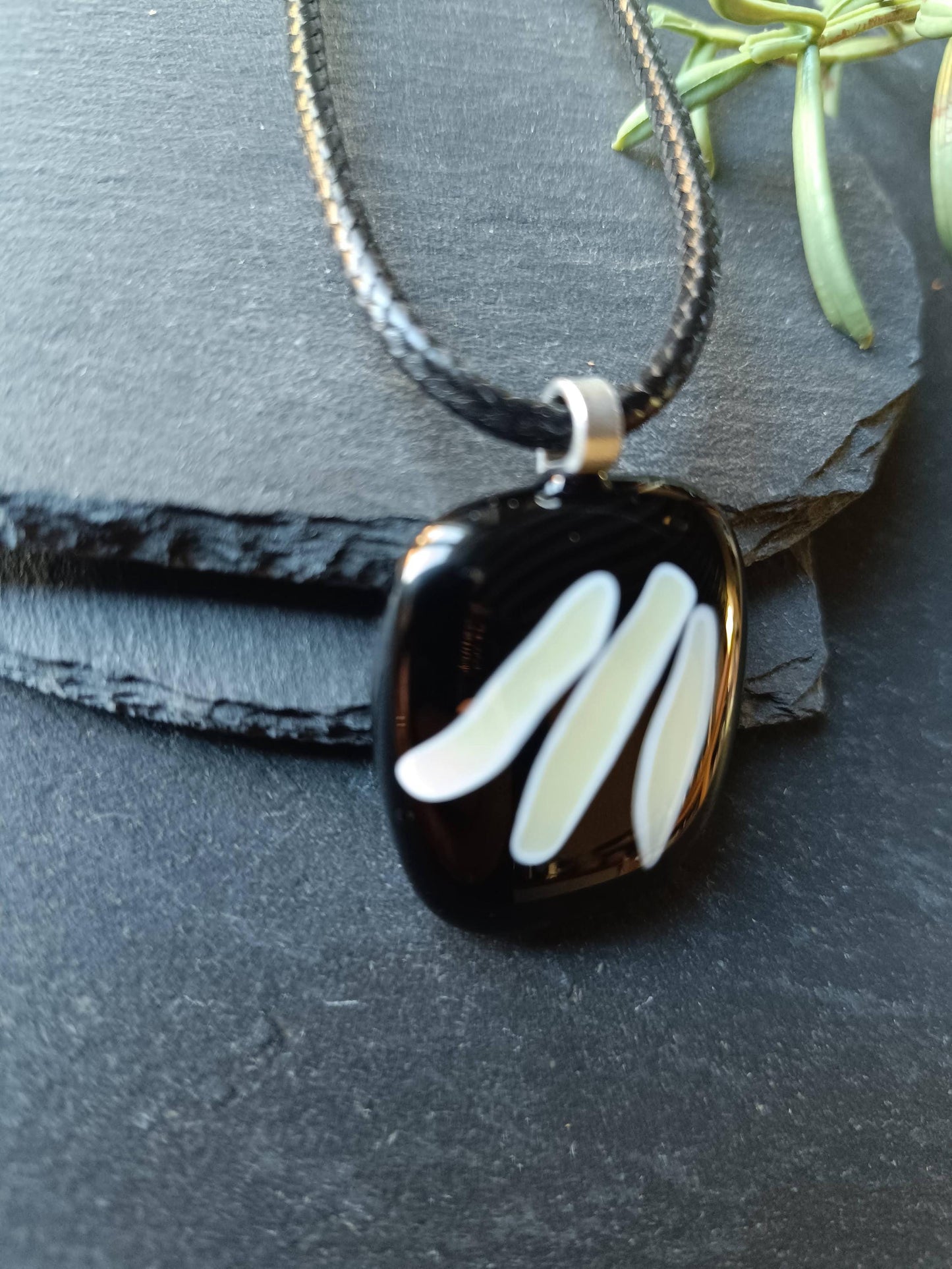 Handmade black and vanilla fused glass pendant necklace, unique birthday gift idea, wearable art jewellery, boho chic gift
