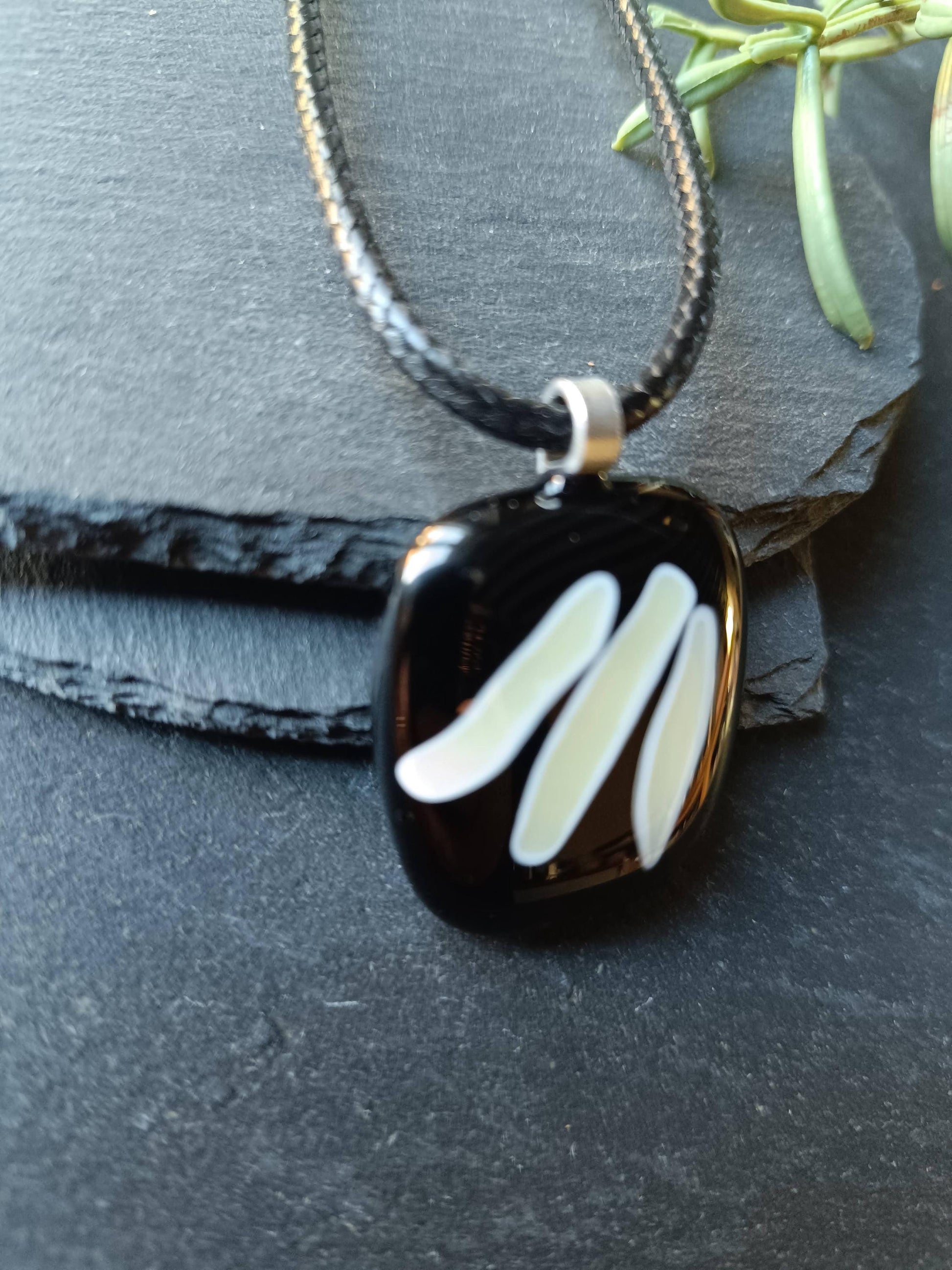 Handmade black and vanilla fused glass pendant necklace, unique birthday gift idea, wearable art jewellery, boho chic gift