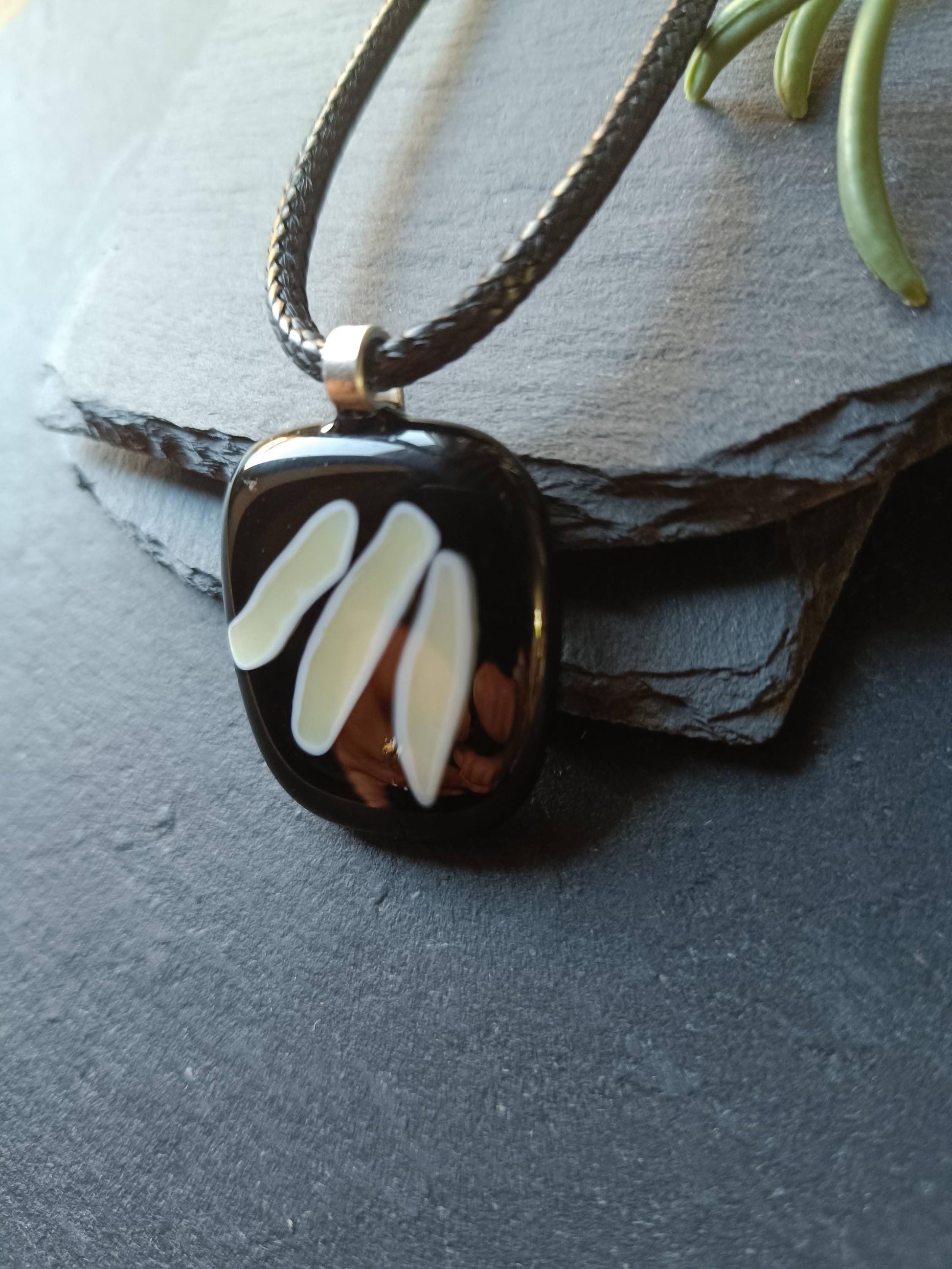 Handmade black and vanilla fused glass pendant necklace, unique birthday gift idea, wearable art jewellery, boho chic gift