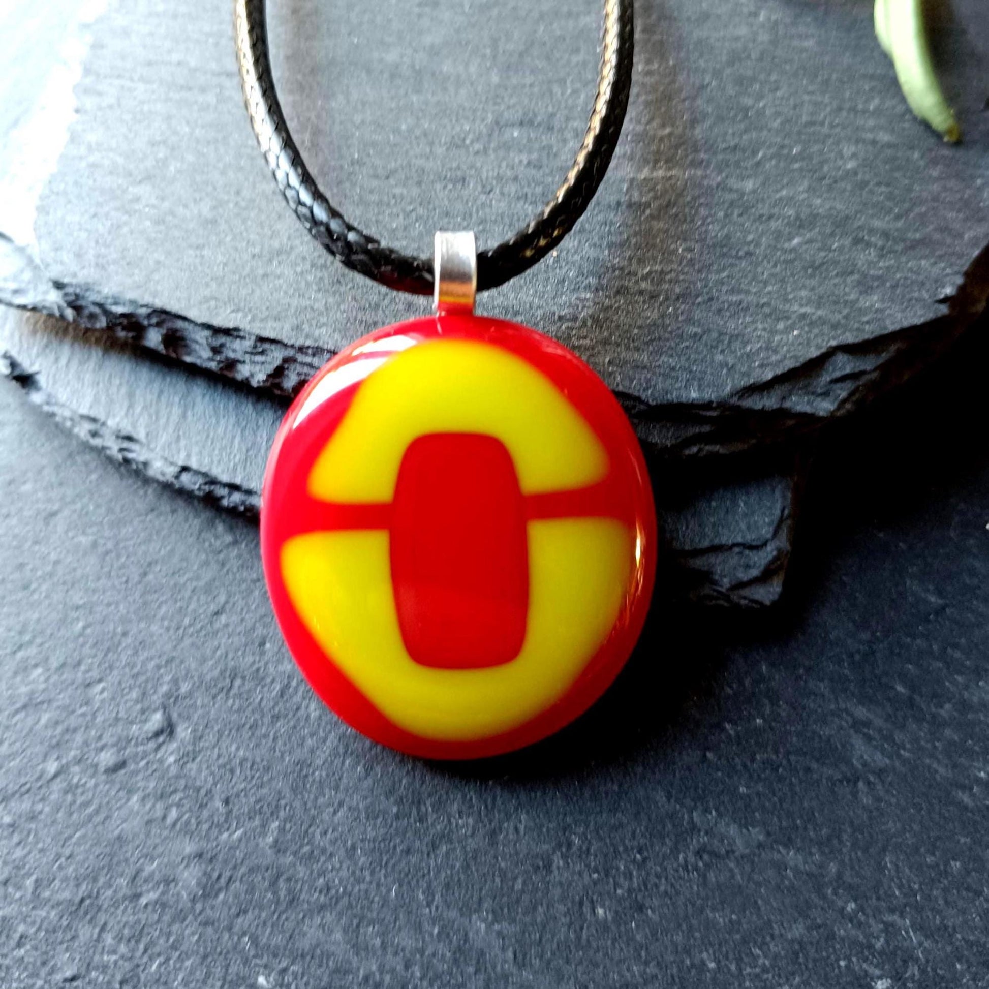 Handmade red and lime green fused glass pendant cord necklace, statement piece, gift for her