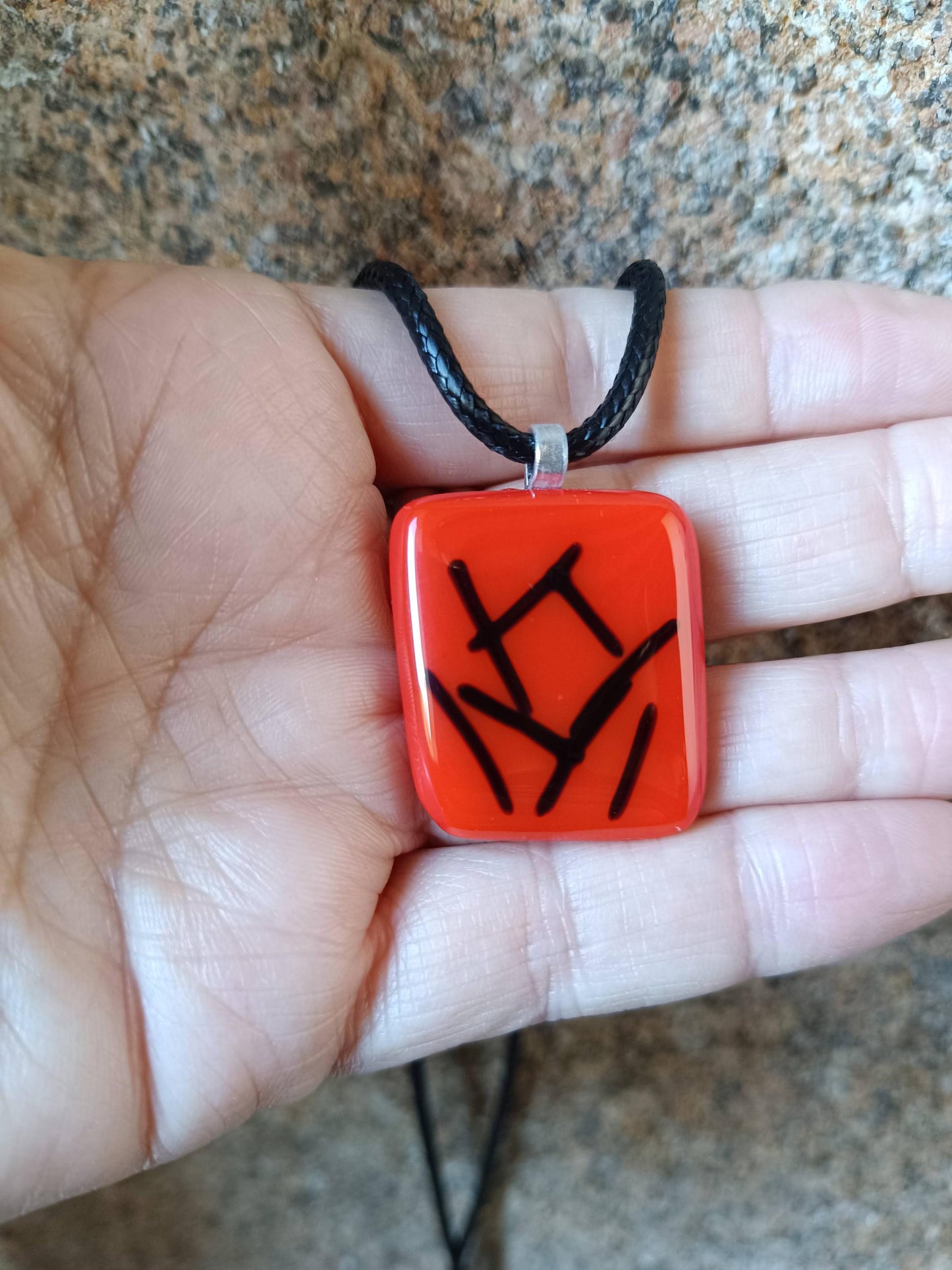 Handmade red and black fused glass pendant necklace, original creation, letterbox birthday gift for her