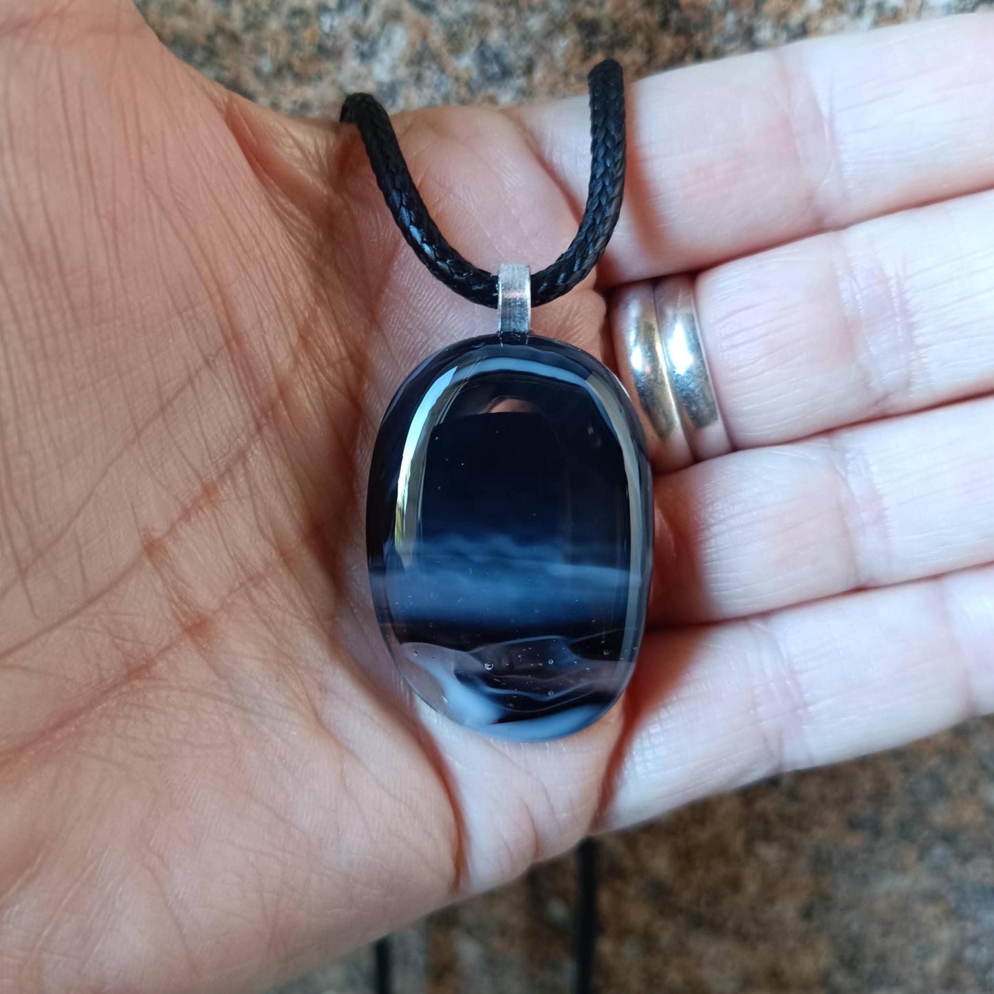 Natural tones black fused glass pendant necklace, handmade jewellery - BlixxiCreations