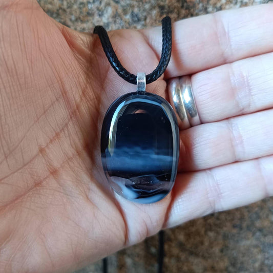 Natural tones black fused glass pendant necklace, handmade jewellery - BlixxiCreations