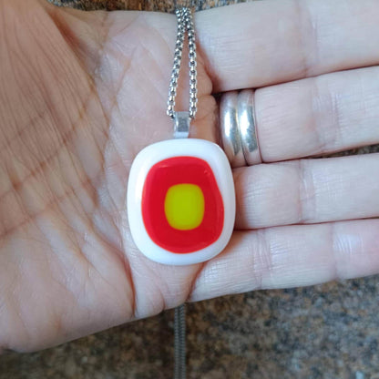 Red, white and lime fused glass pendant with necklace, gift for her, artisan jewellery, easy to post birthday gift - BlixxiCreations