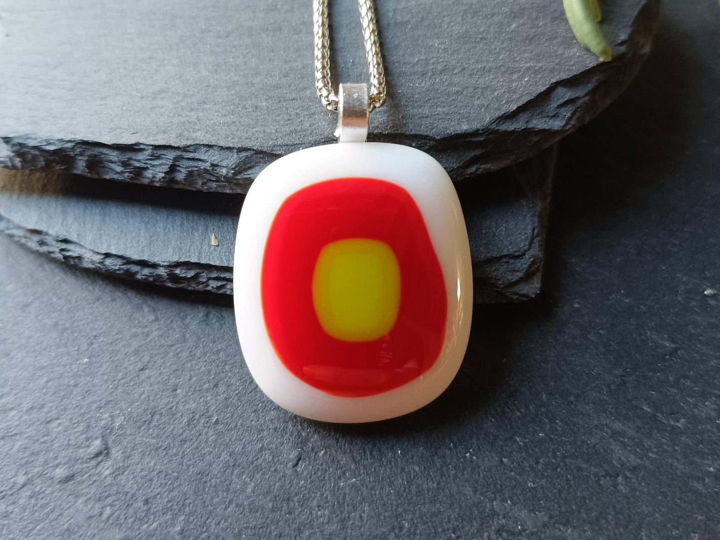 Red, white and lime fused glass pendant with necklace, gift for her, artisan jewellery, easy to post birthday gift - BlixxiCreations