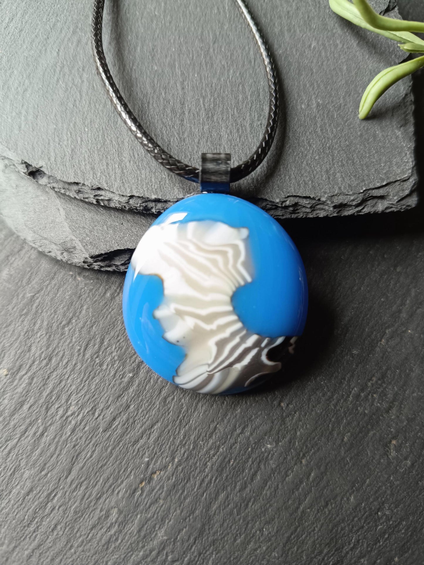 Blue and White Swirl Handmade Fused Glass Pendant with Necklace, Handmade Artisan Jewellery