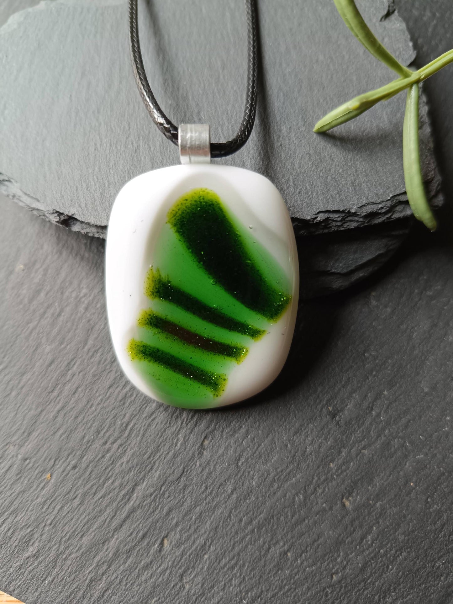 Fused Glass Green and White Large Pendant with necklace, handmade jewellery