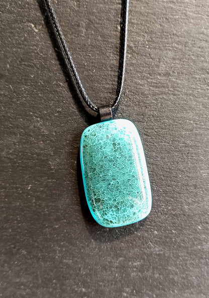 Turquoise blue crackle fused glass pendant necklace, handmade jewelry - BlixxiCreations