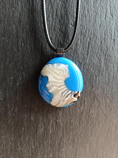 Blue and White Swirl Handmade Fused Glass Pendant with Necklace, Handmade Artisan Jewellery