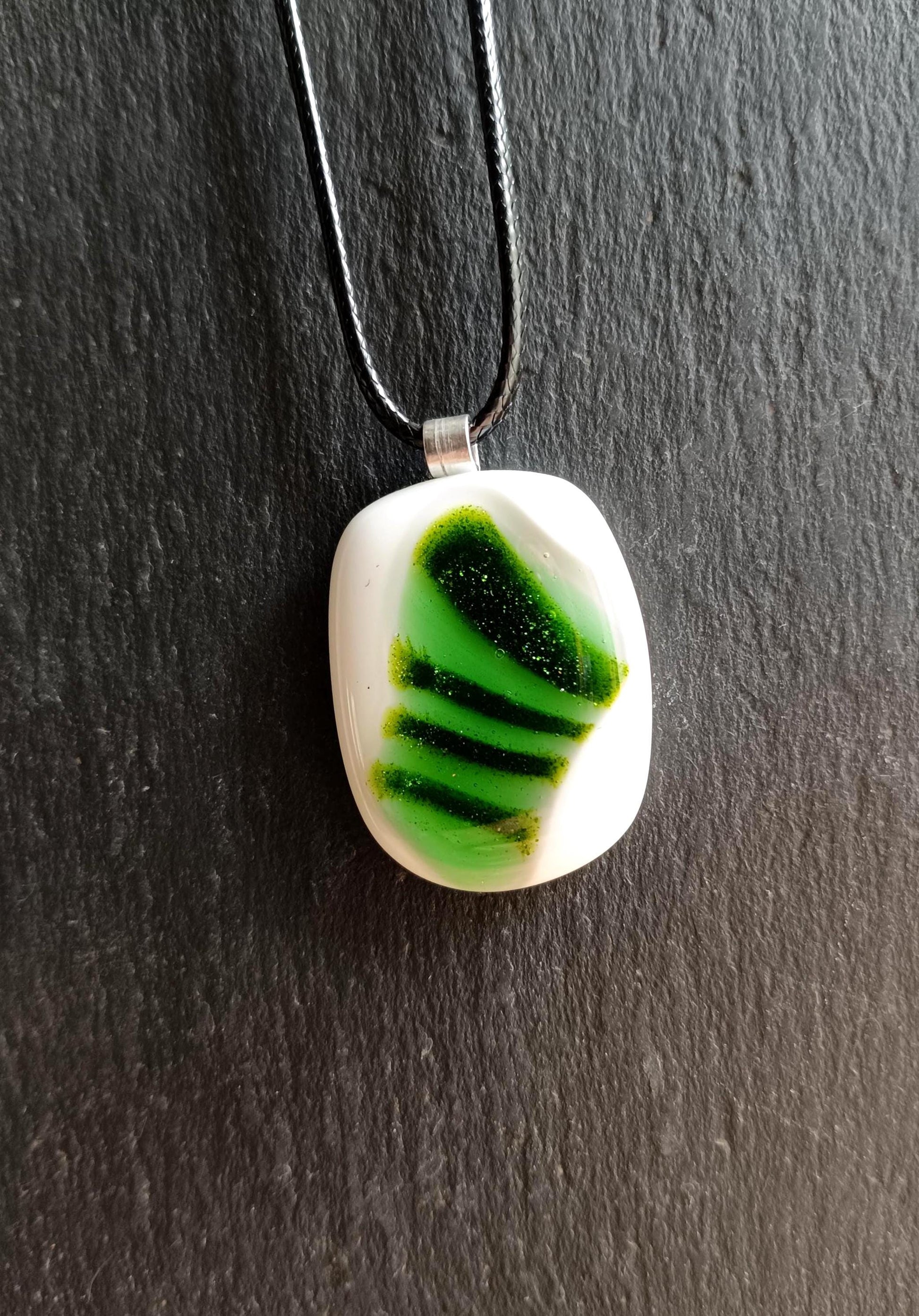 Fused Glass Green and White Large Pendant with necklace, handmade jewellery