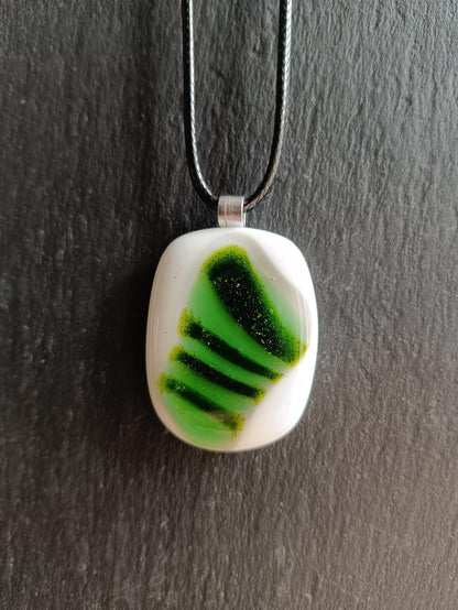 Fused Glass Green and White Large Pendant with necklace, handmade jewellery