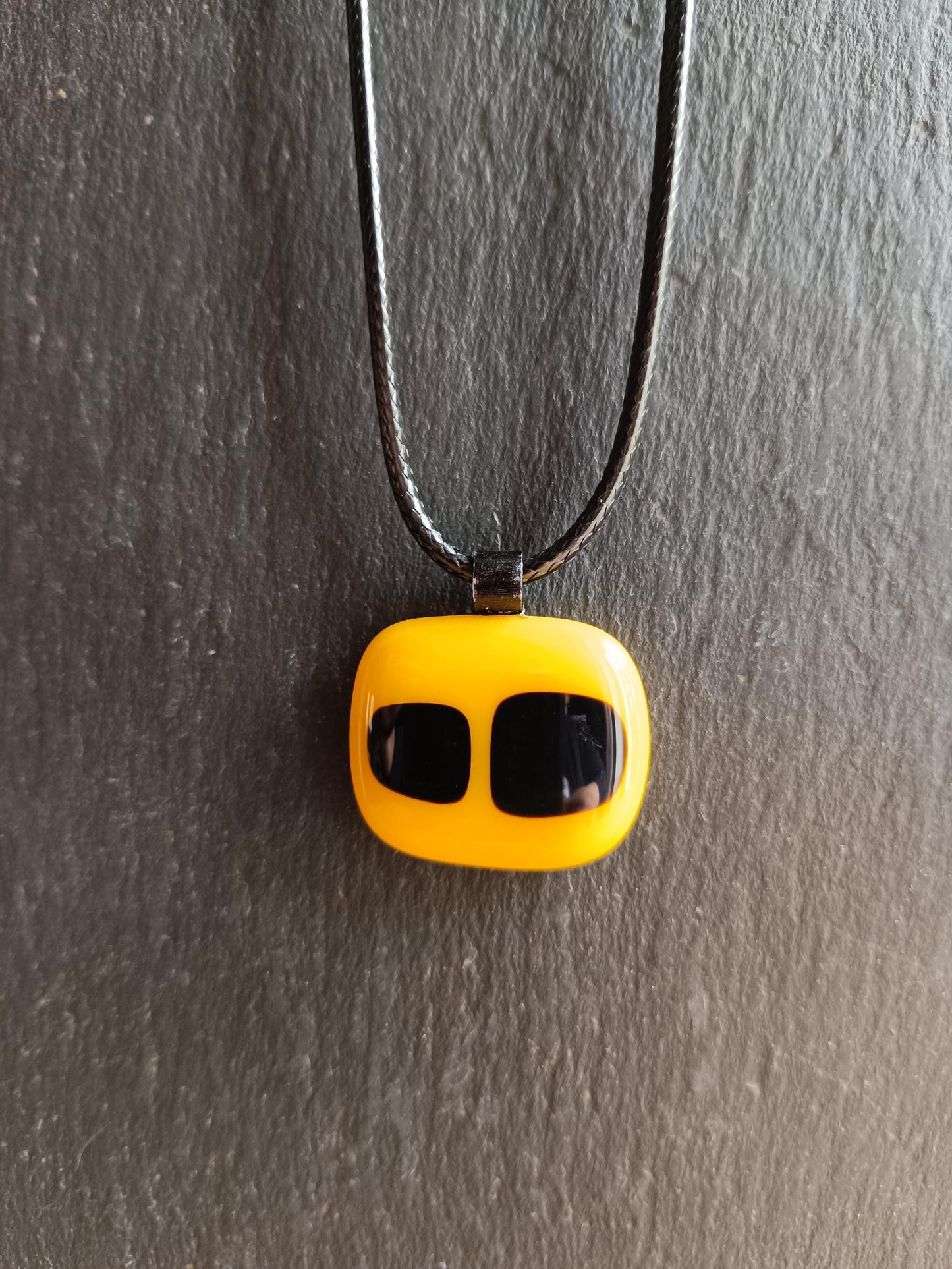 Yellow and Black Fused Glass Pendant with cord necklace, gender-neutral handmade jewellery