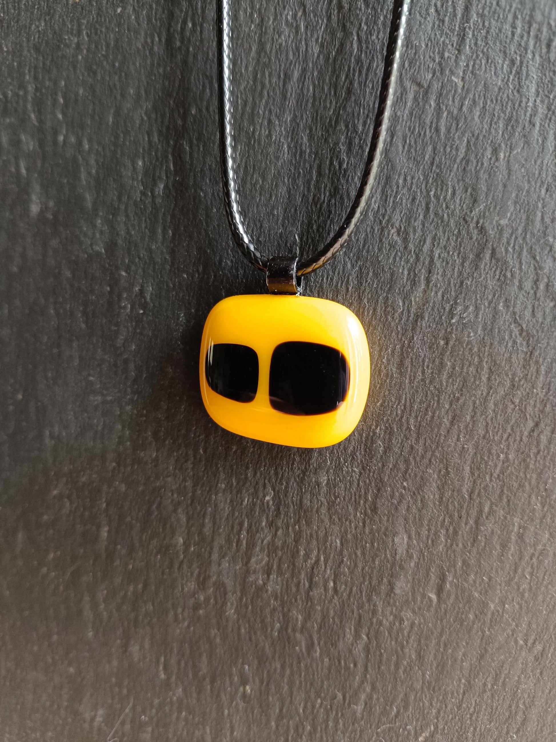 Yellow and Black Fused Glass Pendant with cord necklace, gender-neutral handmade jewellery