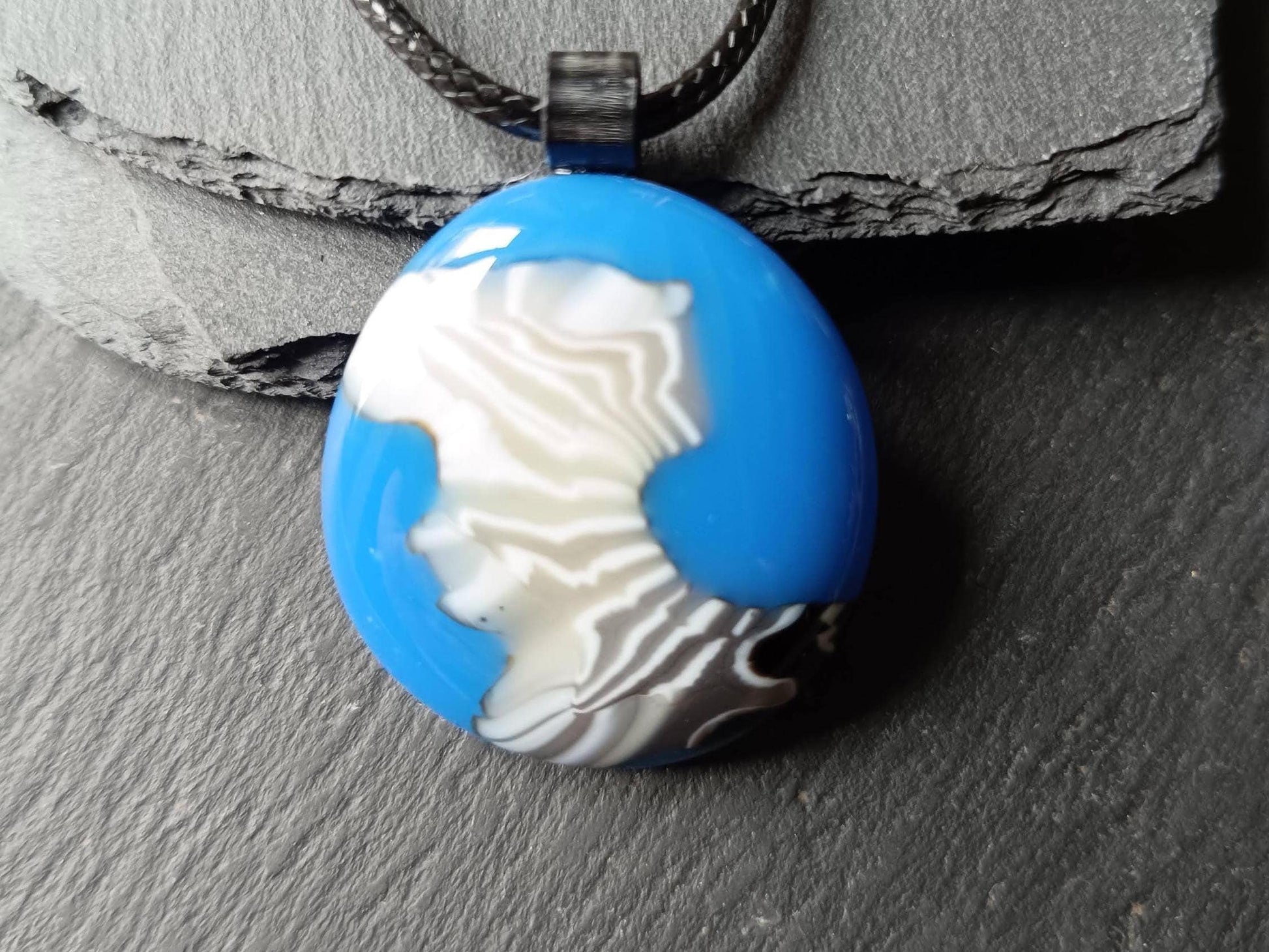 Blue and White Swirl Handmade Fused Glass Pendant with Necklace, Handmade Artisan Jewellery